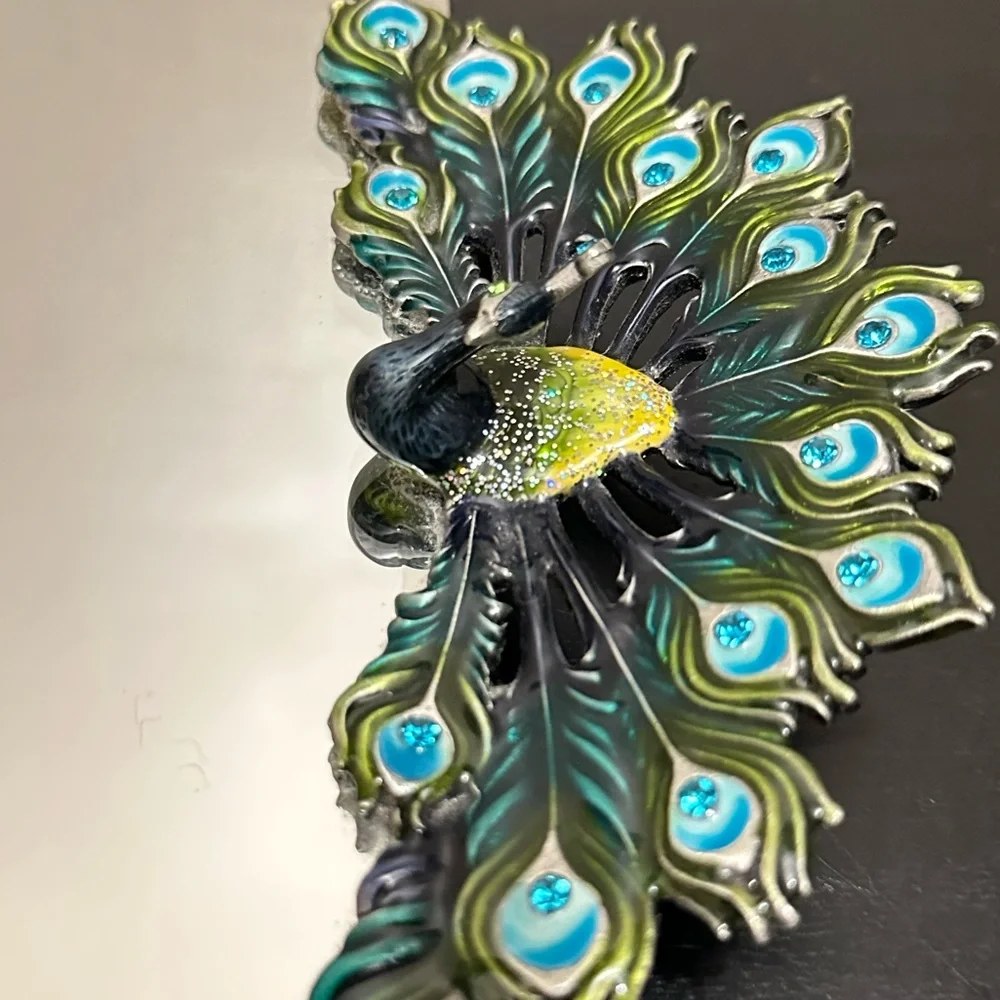 Vintage Enamel Rhinestone Pewter Peacock Mirror Vanity Tray